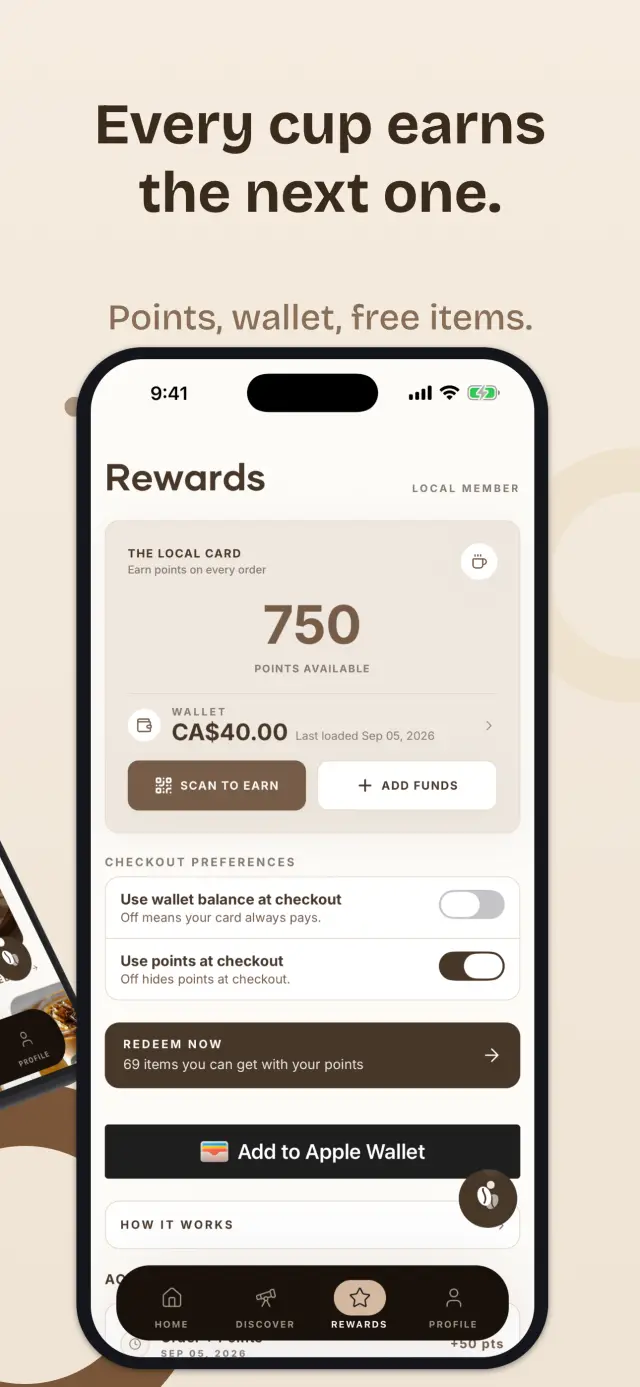 The Local app's rewards screen, headed "Every cup earns the next one."