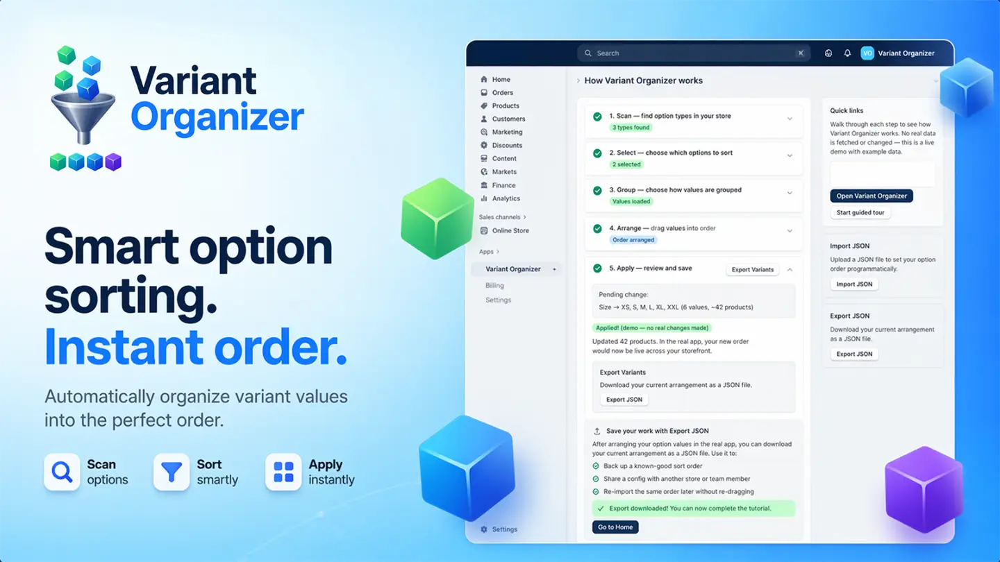 Variant Organizer in the Shopify admin, reordering a product's variants